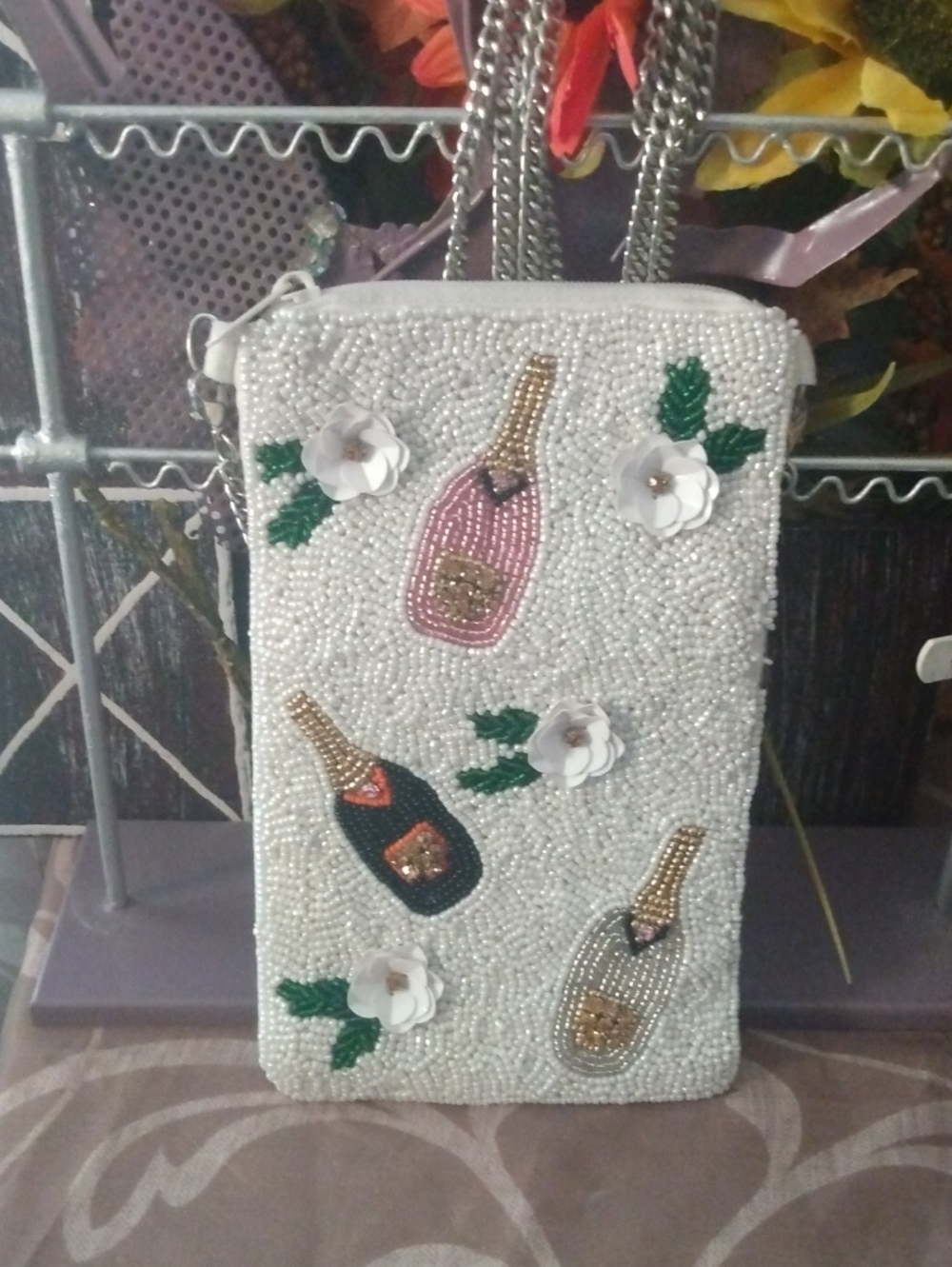 Beaded Floral Mini Bag in White